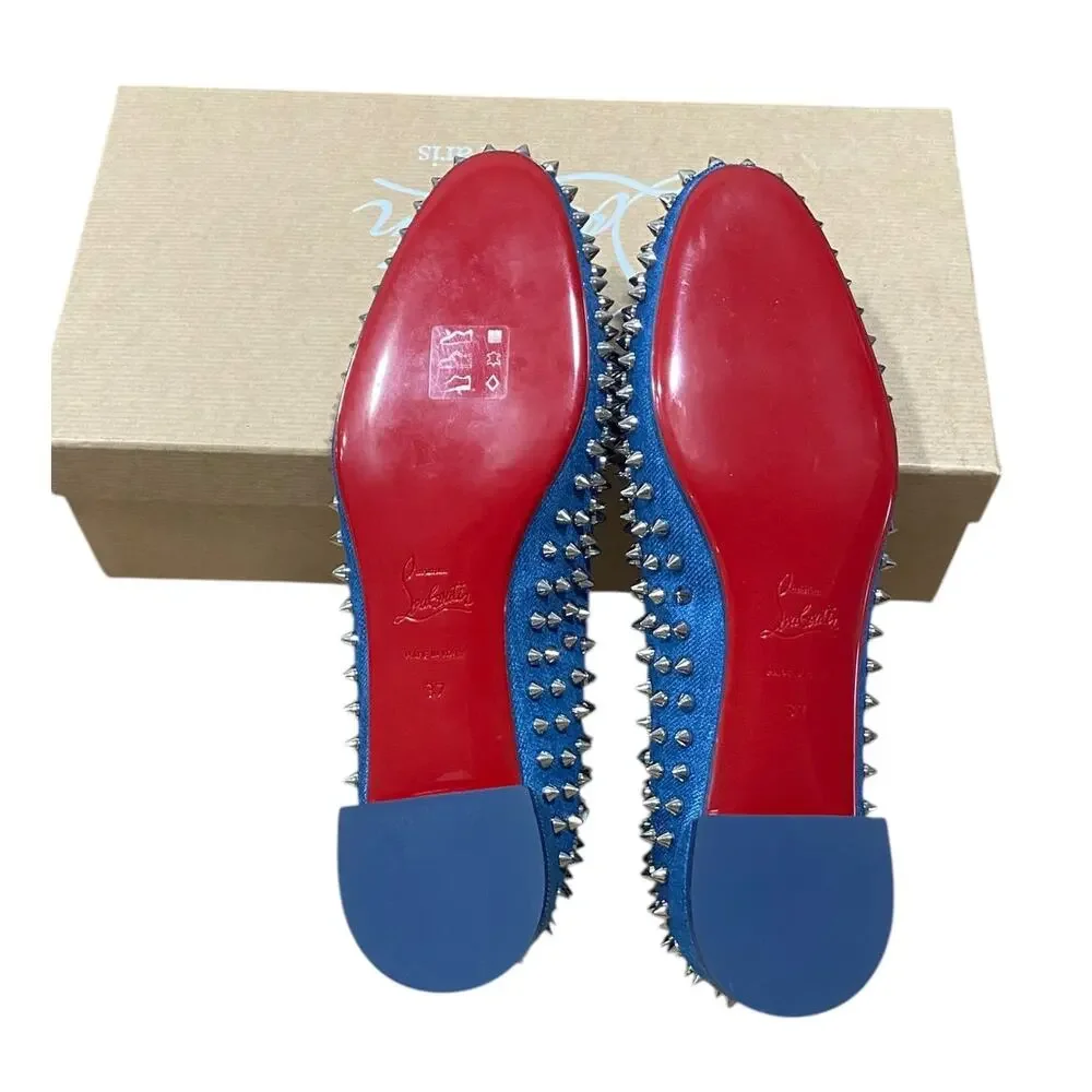 Christian Louboutin Sweetie Jane Spikes Denim Flat 37 Blue
